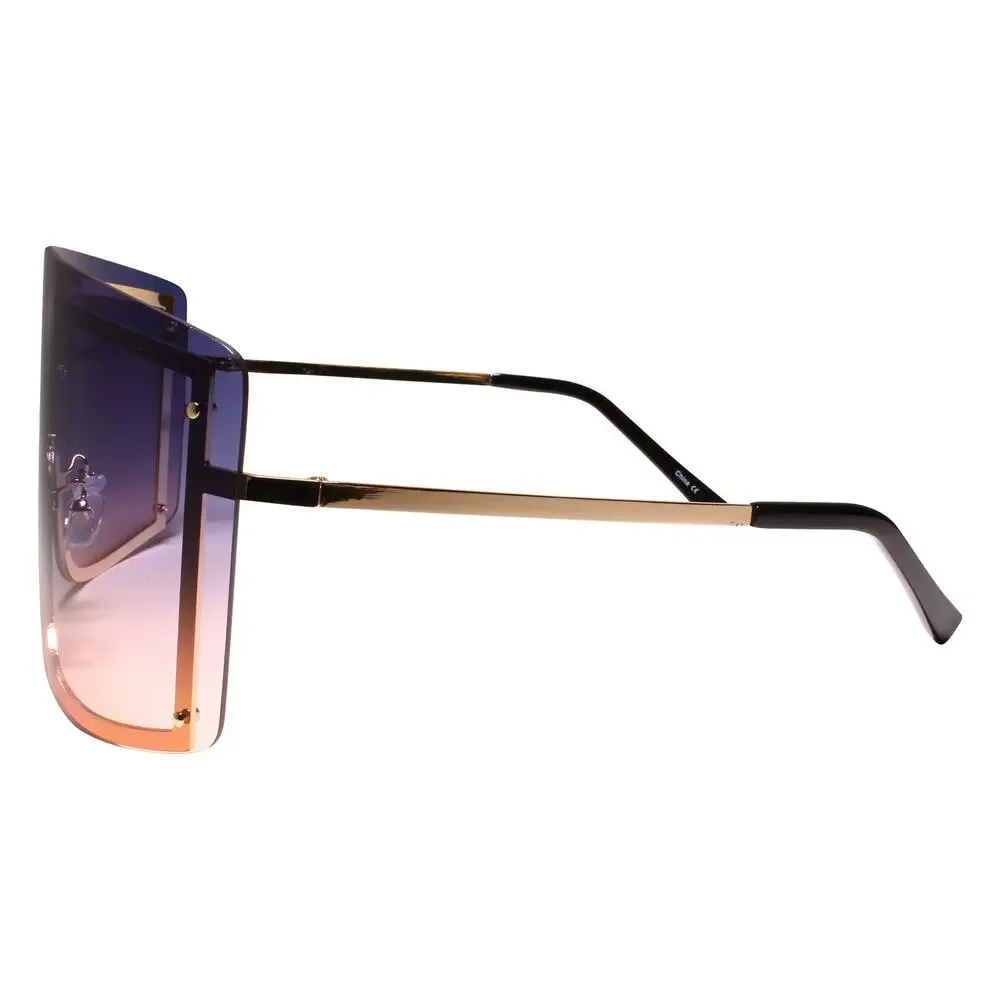 Two Tone Blue and Pink Lens Exaggerated Wrap Oversized Gold Womens Sunglasses